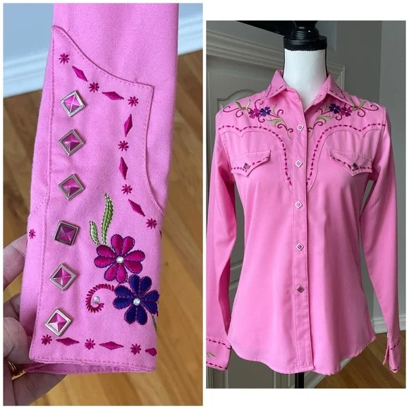 Panhandle Slim Embroidered rhinestones snap front western shirt rodeo barbie S - Picture 1 of 16